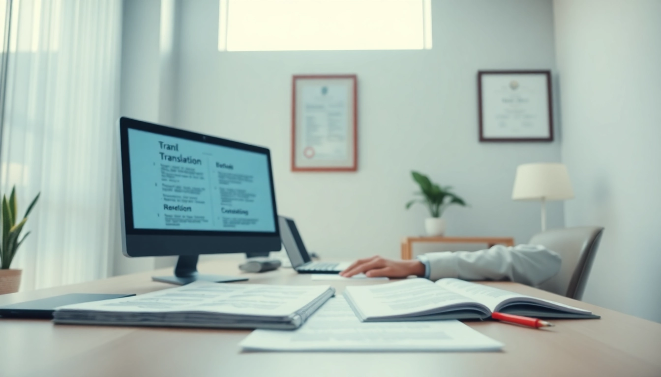 Espace de travail de traduction certifiée mettant en évidence les documents de traduction certifiée et le professionnalisme.