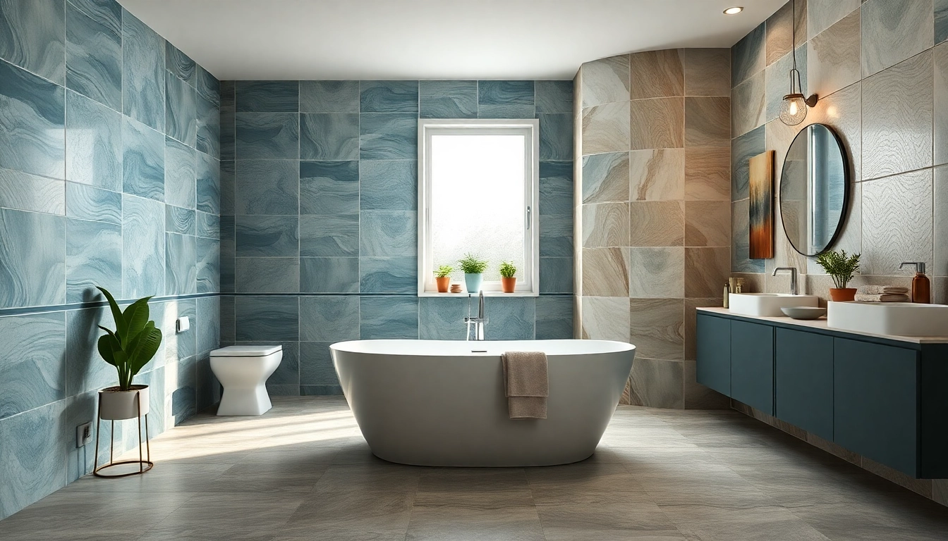 Carrelage de salle de bains époustouflant présenté dans une salle de bains moderne, avec des carreaux en porcelaine élégants et une baignoire autoportante.