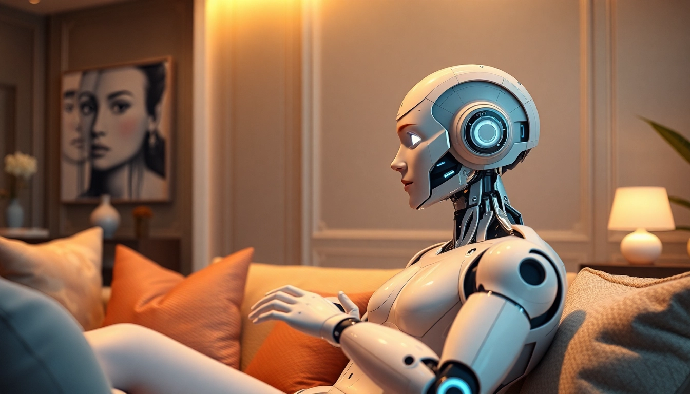 Intriguing scene of a lifelike sex bot interacting intimately in a cozy upscale living room.