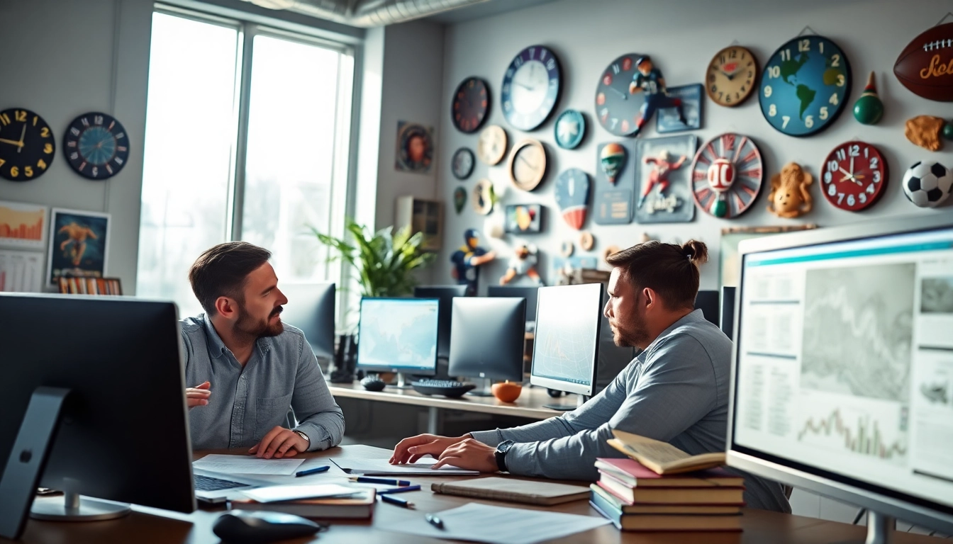 Évaluer le meilleur site de paris sportifs avec des athlètes concentrés sur les cotes dans un bureau moderne.