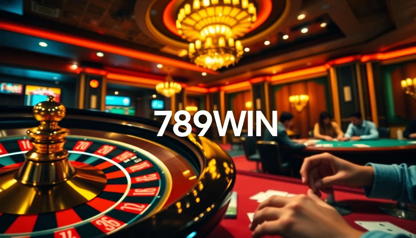 Betting action at a casino with players and 789WIN branding visible.