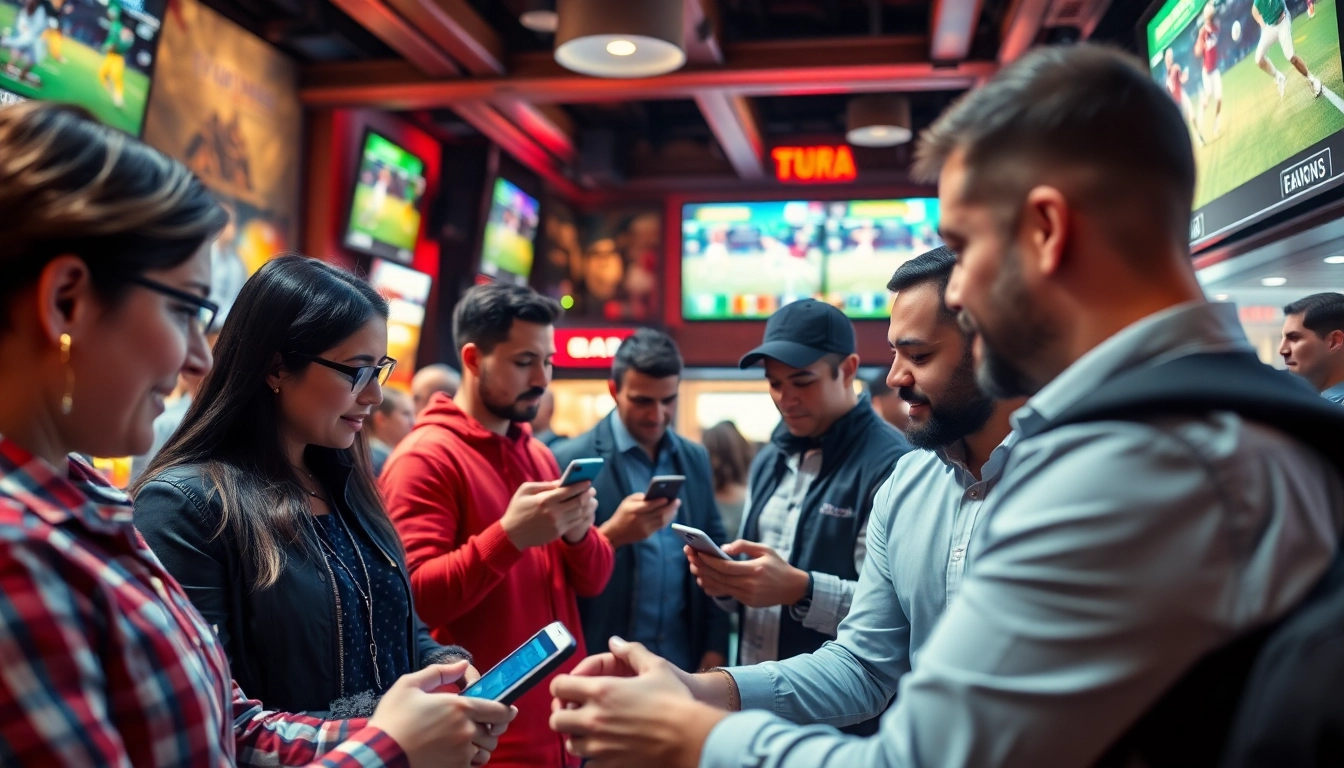 Visuel d'un groupe de personnes pariant sur le meilleur site de paris sportifs dans un bar animé.
