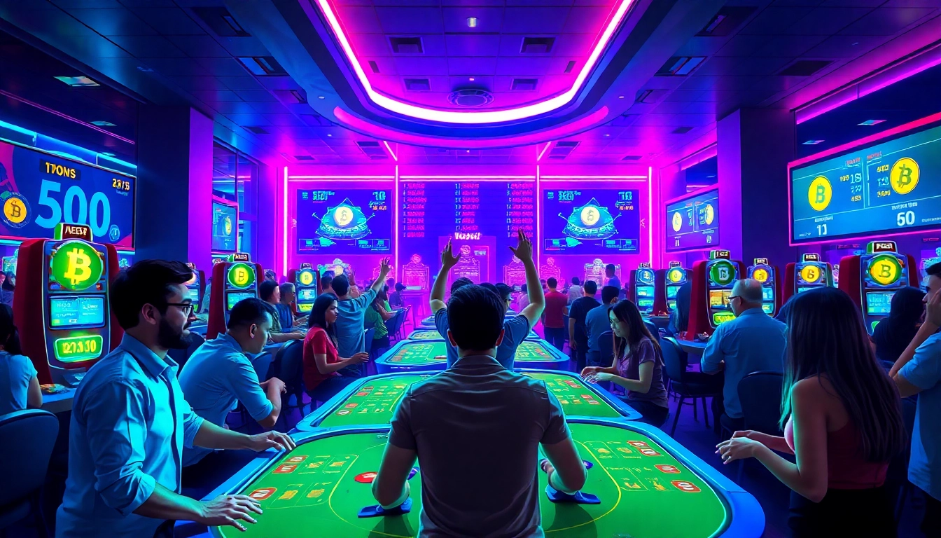 Joueurs de btc casino célébrant une victoire dans un environnement de jeu futuriste