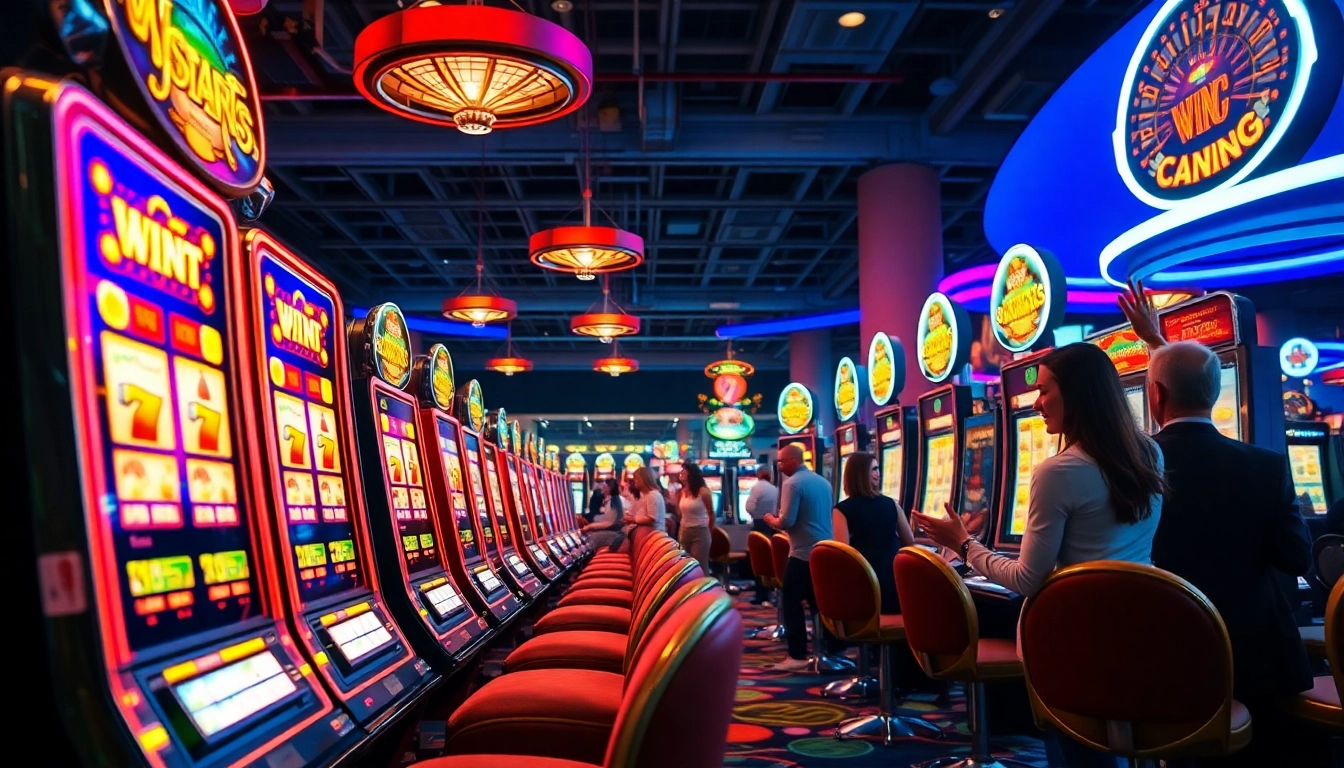 Engaging jeux casino en ligne experience with colorful slot machines and happy players.