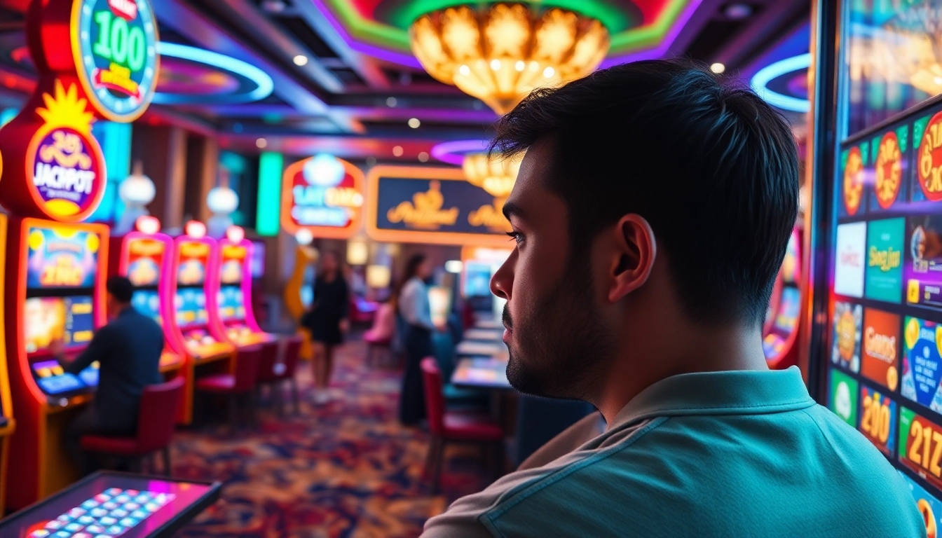 Jouer sur un site casino en ligne, découvrant des machines à sous brillantes et des jeux à table.