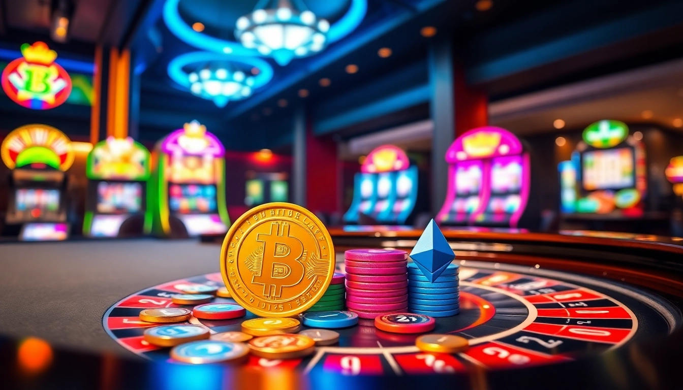 Liste de casinos crypto mettant en avant des éléments de jeu lumineux et une ambiance énergique.