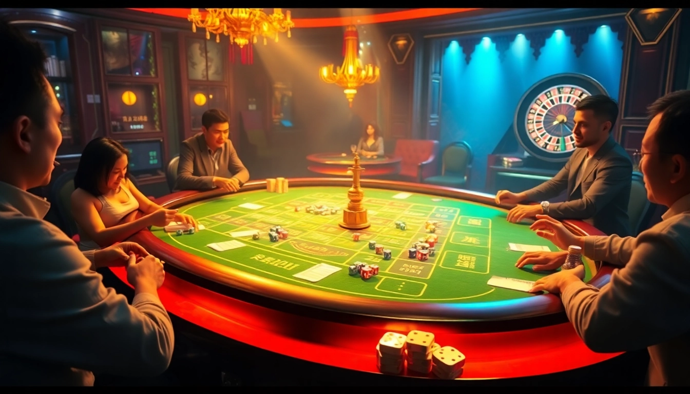 Tai Xiu betting table with colorful dice and engaging players in a vibrant casino atmosphere.