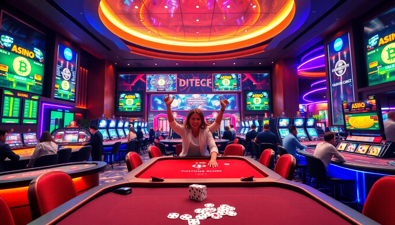 Vibrant btc casino atmosphere with players and gaming tables offering dynamic experiences.