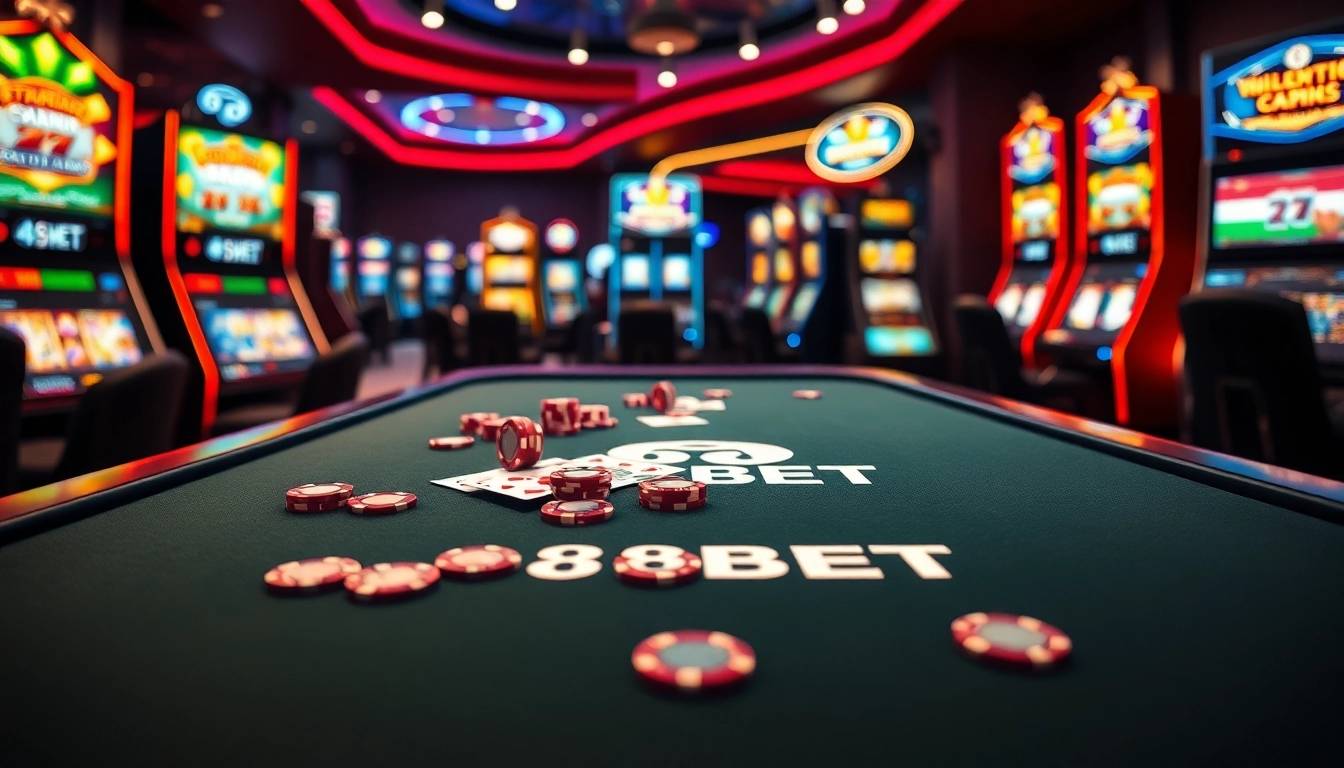 Experience F8BET gaming with vibrant casino tables, poker chips, and exciting slot machines.