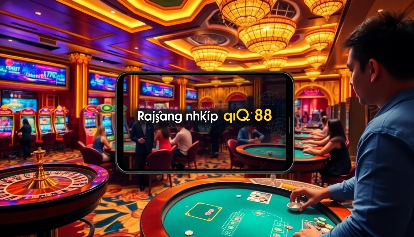 Engage with the excitement of đăng nhập qq88 at a luxurious casino, featuring vibrant gaming tables and digital interfaces.
