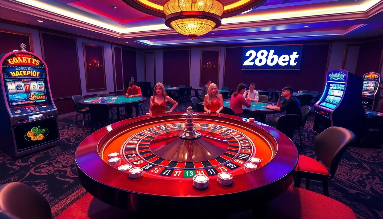 Engaging scene of players at a roulette table and slot machine, highlighting the 28bet casino experience.