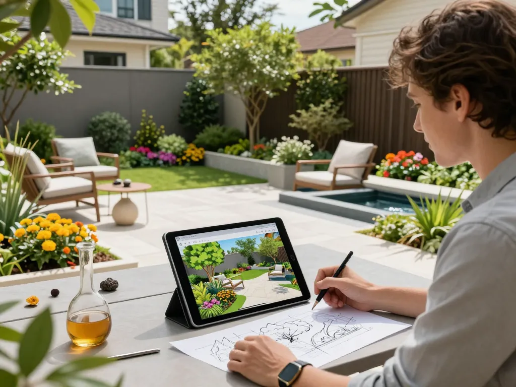 Utilisation du configurateur 3D aménagement extérieur pour une conception de jardin innovante, mettant en valeur un designer visualisant des mises en page vibrantes dans une cour luxuriante.