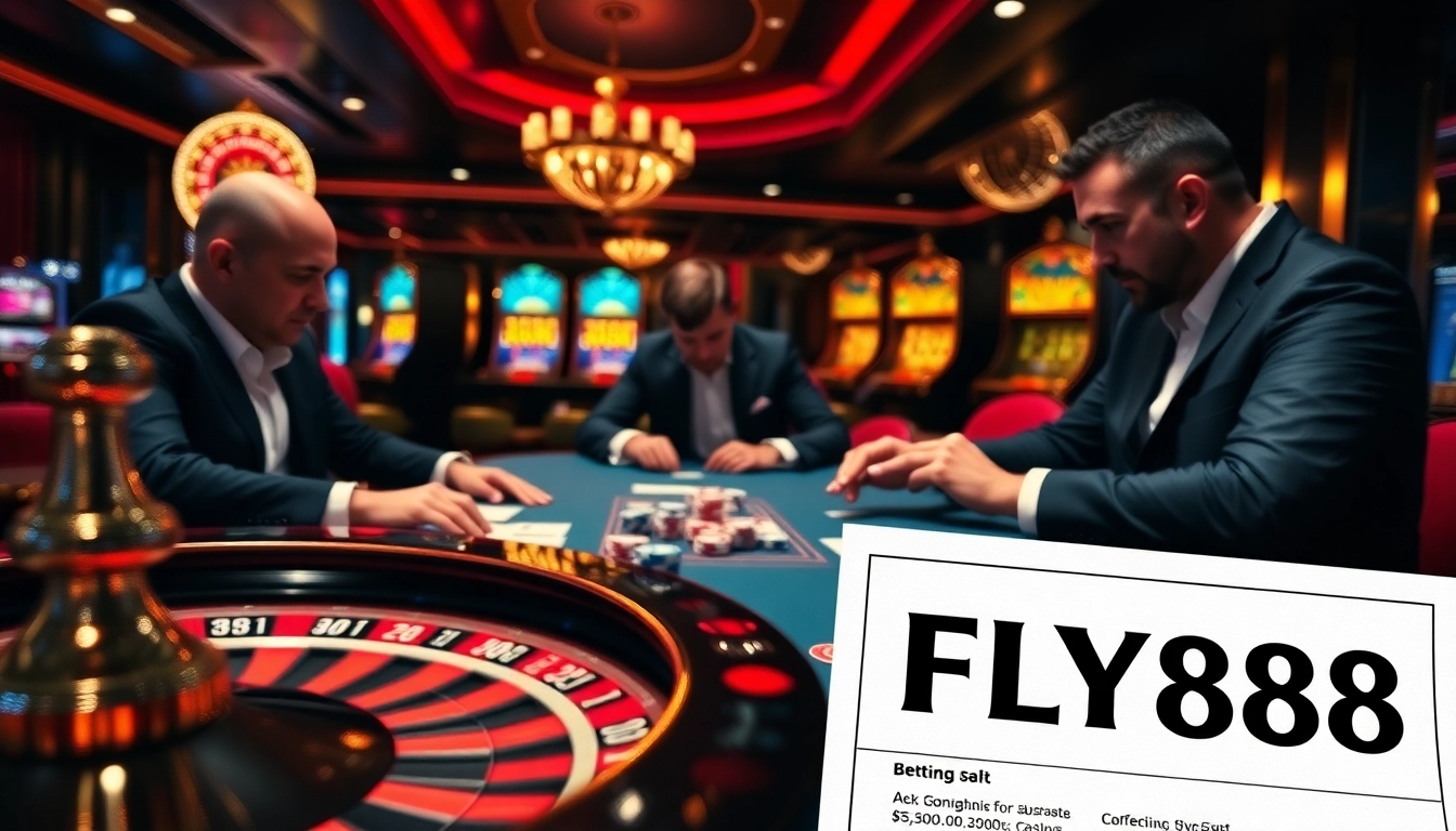 Players engaging at a poker table in a glamorous casino, reflecting FLY88 lừa đảo không themes.