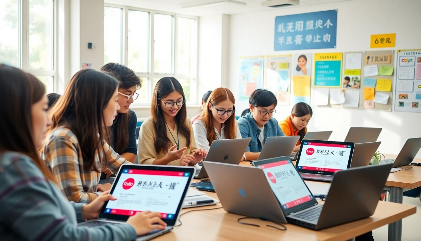 Youdao technology in a modern classroom, showcasing students engaged in language learning.